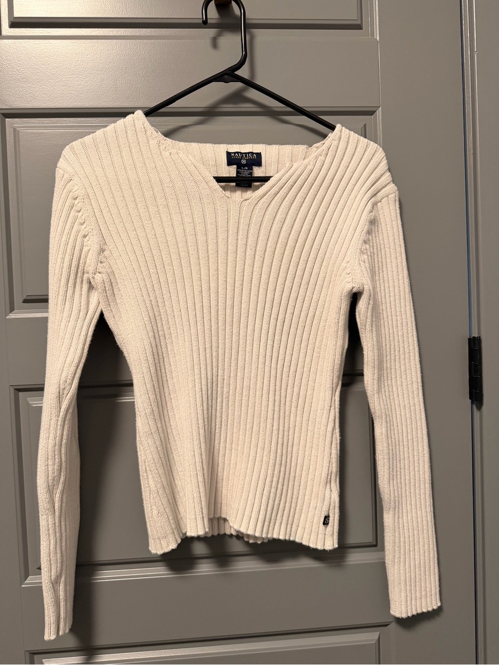 Nautica Women's Cream Ribbed V-Neck Sweater Top LARGE